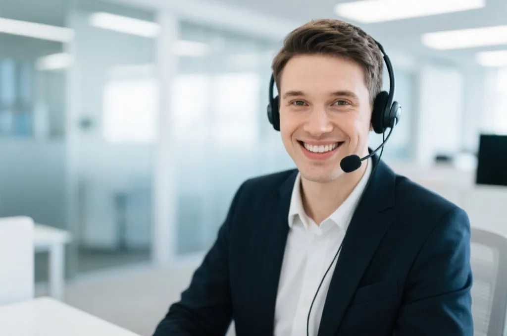 A professional and friendly customer support representative wearing a headset, smiling, in a bright modern office environment