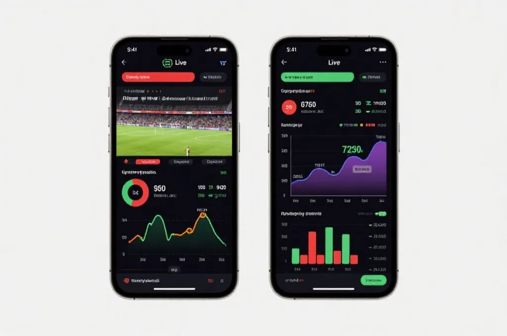 Two smartphones side by side displaying live sports broadcast and statistical data charts