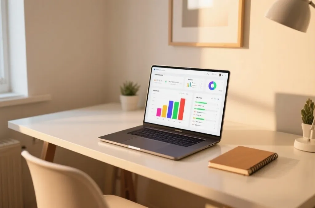 A clean modern workspace with a laptop showing a marketing analytics dashboard
