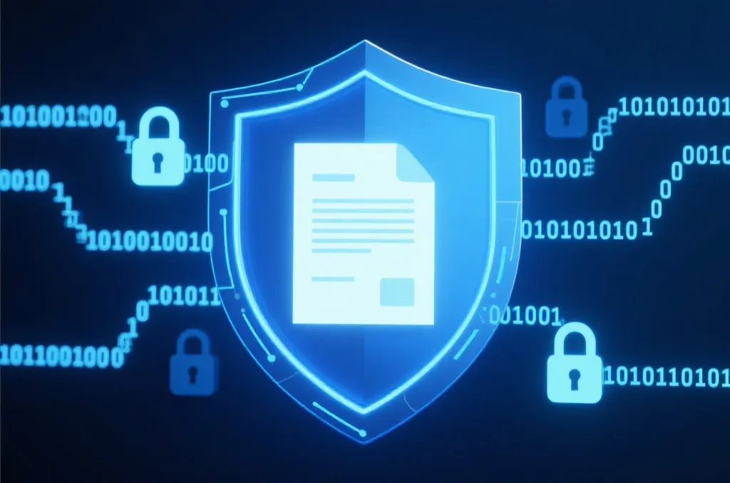 A conceptual high-tech shield protecting a digital identity card, surrounded by blue data streams and padlock graphics.